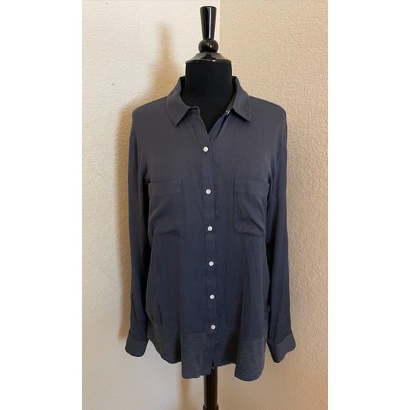 LOFT Mixed Media Long Sleeve Button Up Shirt - Sz L - Picture 1 of 9